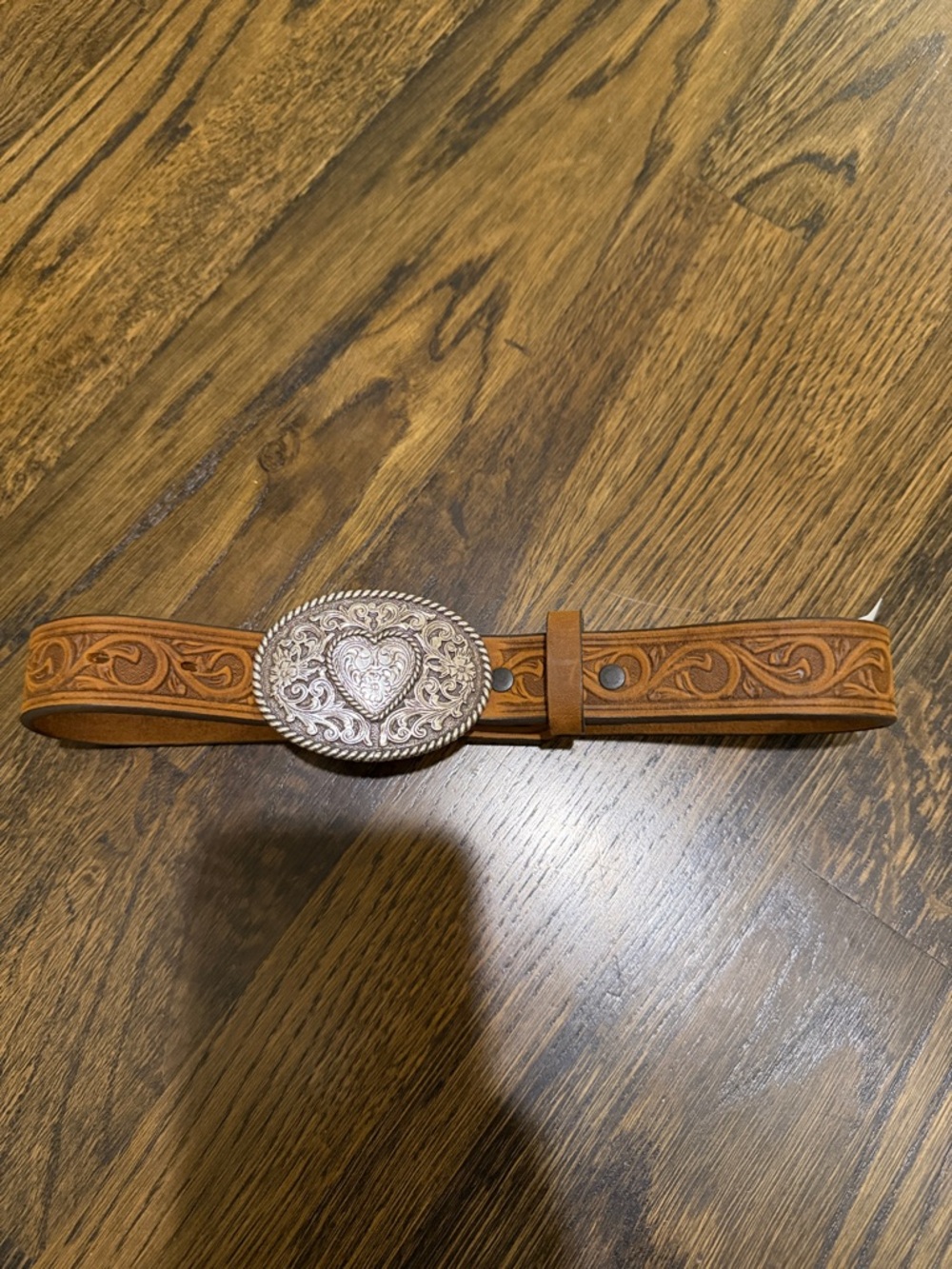 Justin Boots Tan Tooled Leather Belt with Silver Heart Buckle